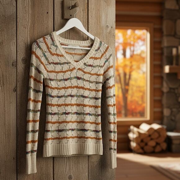 Staccato Sweater Womens XS/S Cream Multi Striped Open Knit V-Neck Fitted - Picture 1 of 4